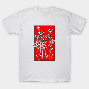 Black and white daisy flower doodle illustration in red background T-Shirt